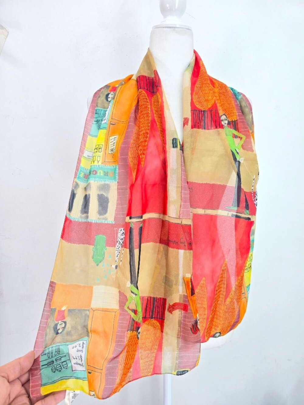 Vintage Wearable Art Dog Walker Pharmacy Preppy Orange Red Rectangular Scarf 58x